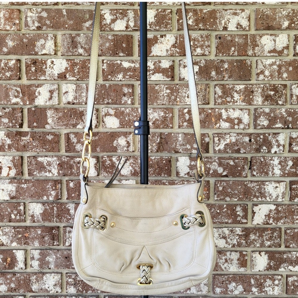 B. Makowsky Cream Leather Crossbody Bag Gold Hardware Leopard Print Lining
